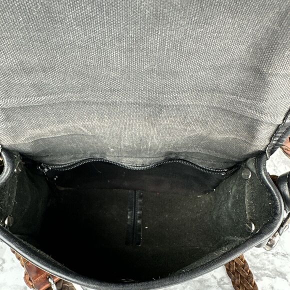 Vintage Brighton Black Leather Crossbody Bag Purse Brown Leather Braided Strap - Picture 9 of 10